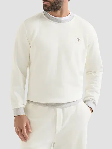 Brunello Cucinelli Men's Cotton French Terry Sweatshirt With Embroidery - Off White | Thumbnail 2 Brunello Cucinelli Men's Cotton French Terry Sweatshirt With Embroidery - Off White | Thumbnail 2