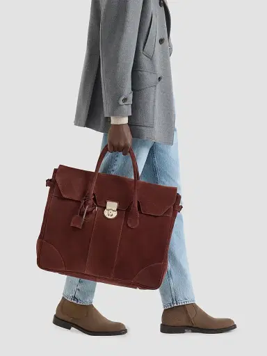 Brunello Cucinelli Men's Suede Boston Bag - Burgundy | Thumbnail 2 Brunello Cucinelli Men's Suede Boston Bag - Burgundy | Thumbnail 2
