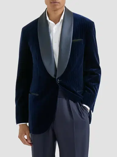 Brunello Cucinelli Men's Cotton Chalk Stripe Velvet Tuxedo Jacket with Shawl Lapels | Thumbnail 2 Brunello Cucinelli Men's Cotton Chalk Stripe Velvet Tuxedo Jacket with Shawl Lapels | Thumbnail 2