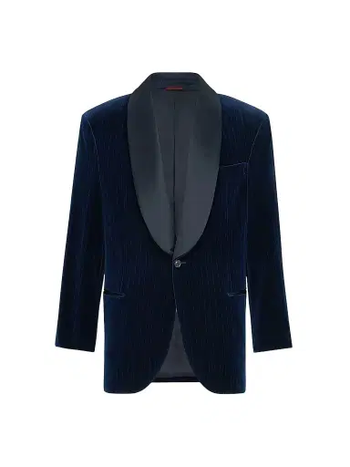 Brunello Cucinelli Men's Cotton Chalk Stripe Velvet Tuxedo Jacket with Shawl Lapels | Thumbnail 1 Brunello Cucinelli Men's Cotton Chalk Stripe Velvet Tuxedo Jacket with Shawl Lapels | Thumbnail 1