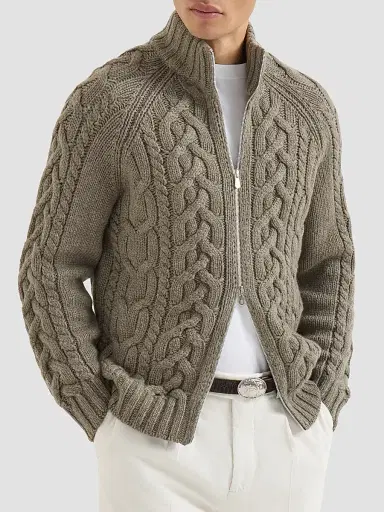 Brunello Cucinelli Men's Cable Knit Cardigan in Cashmere Feather Yarn | Thumbnail 2 Brunello Cucinelli Men's Cable Knit Cardigan in Cashmere Feather Yarn | Thumbnail 2