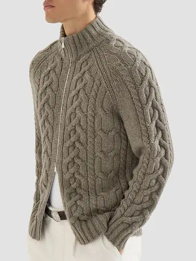 Brunello Cucinelli Men's Cable Knit Cardigan in Cashmere Feather Yarn | Thumbnail 3 Brunello Cucinelli Men's Cable Knit Cardigan in Cashmere Feather Yarn | Thumbnail 3