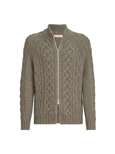 Brunello Cucinelli Men's Cable Knit Cardigan in Cashmere Feather Yarn | Thumbnail 1 Brunello Cucinelli Men's Cable Knit Cardigan in Cashmere Feather Yarn | Thumbnail 1