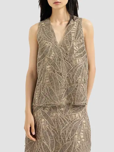 Brunello Cucinelli Women's Linen and Cotton Dazzling Cacao Leaves Embroidery Top | Thumbnail 2 Brunello Cucinelli Women's Linen and Cotton Dazzling Cacao Leaves Embroidery Top | Thumbnail 2