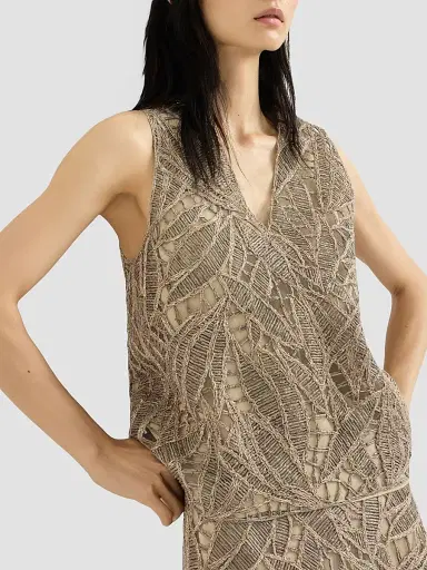 Brunello Cucinelli Women's Linen and Cotton Dazzling Cacao Leaves Embroidery Top | Thumbnail 4 Brunello Cucinelli Women's Linen and Cotton Dazzling Cacao Leaves Embroidery Top | Thumbnail 4