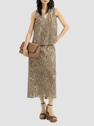 Brunello Cucinelli Women's Linen and Cotton Dazzling Cacao Leaves Embroidery Top | Thumbnail 6 Brunello Cucinelli Women's Linen and Cotton Dazzling Cacao Leaves Embroidery Top | Thumbnail 6
