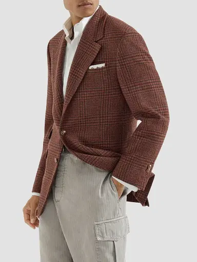 Brunello Cucinelli Men's Cashmere Prince of Wales Cavallo Tailor Blazer - Brown | Thumbnail 3 Brunello Cucinelli Men's Cashmere Prince of Wales Cavallo Tailor Blazer - Brown | Thumbnail 3