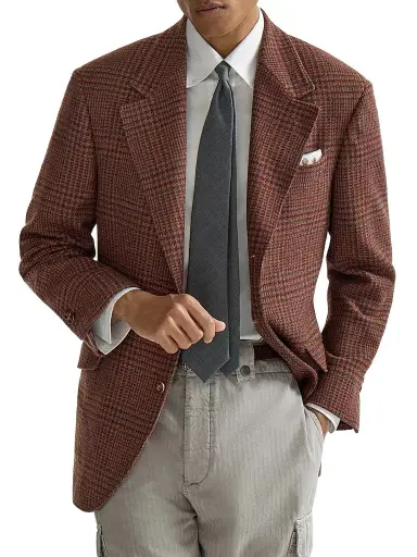 Brunello Cucinelli Men's Cashmere Prince of Wales Cavallo Tailor Blazer - Brown | Thumbnail 1 Brunello Cucinelli Men's Cashmere Prince of Wales Cavallo Tailor Blazer - Brown | Thumbnail 1