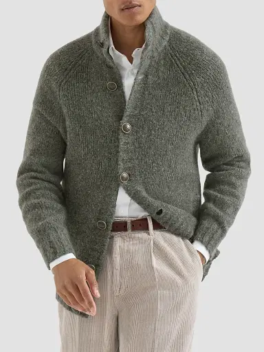 Brunello Cucinelli Men's Cashmere and Silk Cardigan - Military | Thumbnail 2 Brunello Cucinelli Men's Cashmere and Silk Cardigan - Military | Thumbnail 2