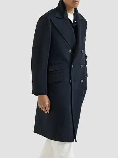 Brunello Cucinelli Men's Cashmere Chevron Flannel One-and-a-Half Breasted Coat - Navy Blue | Thumbnail 2 Brunello Cucinelli Men's Cashmere Chevron Flannel One-and-a-Half Breasted Coat - Navy Blue | Thumbnail 2