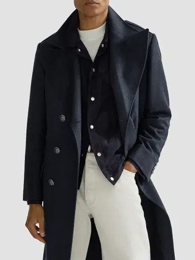 Brunello Cucinelli Men's Cashmere Chevron Flannel One-and-a-Half Breasted Coat - Navy Blue | Thumbnail 4 Brunello Cucinelli Men's Cashmere Chevron Flannel One-and-a-Half Breasted Coat - Navy Blue | Thumbnail 4