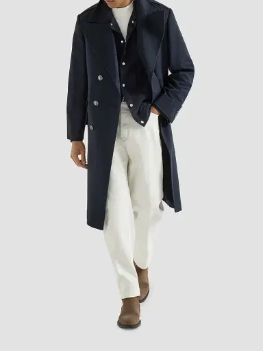 Brunello Cucinelli Men's Cashmere Chevron Flannel One-and-a-Half Breasted Coat - Navy Blue | Thumbnail 6 Brunello Cucinelli Men's Cashmere Chevron Flannel One-and-a-Half Breasted Coat - Navy Blue | Thumbnail 6