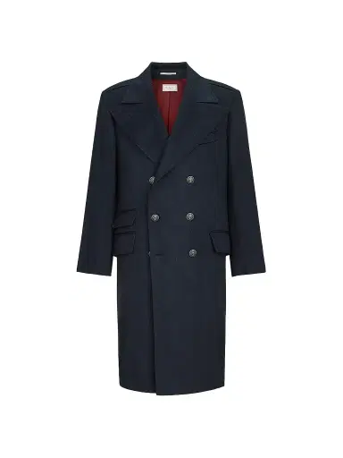 Brunello Cucinelli Men's Cashmere Chevron Flannel One-and-a-Half Breasted Coat - Navy Blue | Thumbnail 1 Brunello Cucinelli Men's Cashmere Chevron Flannel One-and-a-Half Breasted Coat - Navy Blue | Thumbnail 1