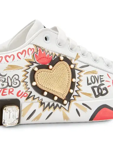 Dolce & Gabbana Women's Embellished Printed Leather Low-Top Sneakers - Bianco Oro Antico | Thumbnail 4 Dolce & Gabbana Women's Embellished Printed Leather Low-Top Sneakers - Bianco Oro Antico | Thumbnail 4