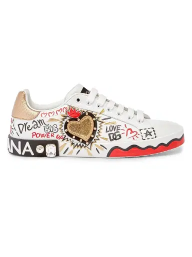 Dolce & Gabbana Women's Embellished Printed Leather Low-Top Sneakers - Bianco Oro Antico | Thumbnail 1 Dolce & Gabbana Women's Embellished Printed Leather Low-Top Sneakers - Bianco Oro Antico | Thumbnail 1