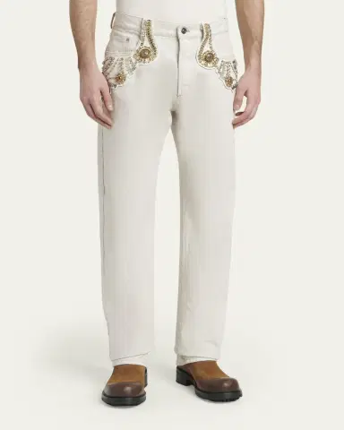 Versace Men's Crystal-Embroidered Straight-Leg Denim Jeans | Thumbnail 4 Versace Men's Crystal-Embroidered Straight-Leg Denim Jeans | Thumbnail 4