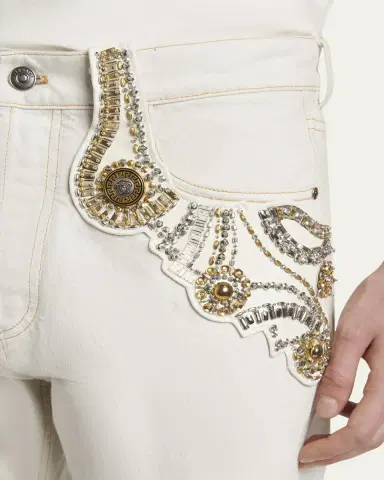 Versace Men's Crystal-Embroidered Straight-Leg Denim Jeans | Thumbnail 5 Versace Men's Crystal-Embroidered Straight-Leg Denim Jeans | Thumbnail 5