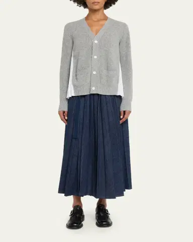 Sacai Wool Knit And Cotton Poplin V-Neck Cardigan | Thumbnail 2 Sacai Wool Knit And Cotton Poplin V-Neck Cardigan | Thumbnail 2