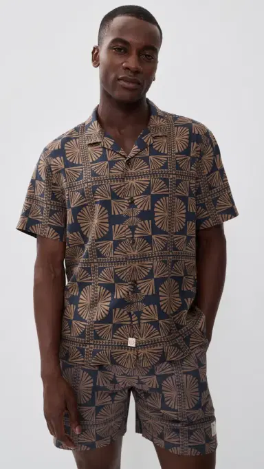 Marine Layer Linen Blend Resort Shirt Brown/Navy Geo Fan Print | Thumbnail 2 Marine Layer Linen Blend Resort Shirt Brown/Navy Geo Fan Print | Thumbnail 2