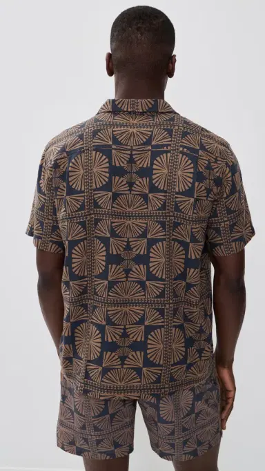 Marine Layer Linen Blend Resort Shirt Brown/Navy Geo Fan Print | Thumbnail 3 Marine Layer Linen Blend Resort Shirt Brown/Navy Geo Fan Print | Thumbnail 3
