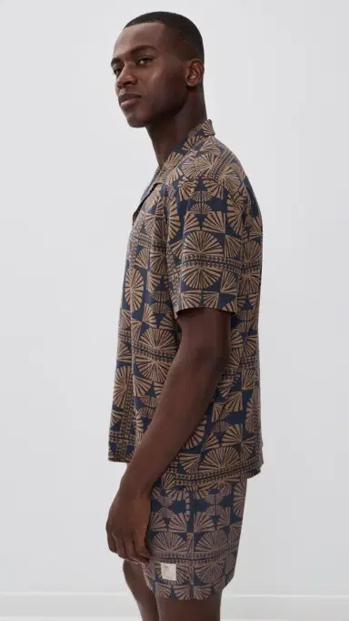 Marine Layer Linen Blend Resort Shirt Brown/Navy Geo Fan Print | Thumbnail 4 Marine Layer Linen Blend Resort Shirt Brown/Navy Geo Fan Print | Thumbnail 4
