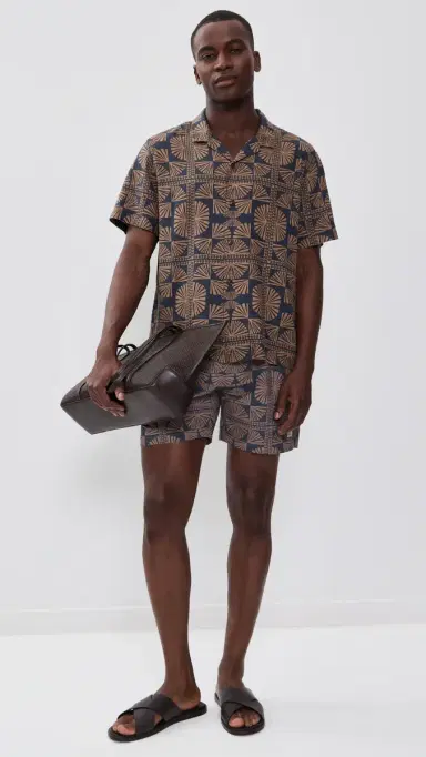 Marine Layer Linen Blend Resort Shirt Brown/Navy Geo Fan Print | Thumbnail 5 Marine Layer Linen Blend Resort Shirt Brown/Navy Geo Fan Print | Thumbnail 5