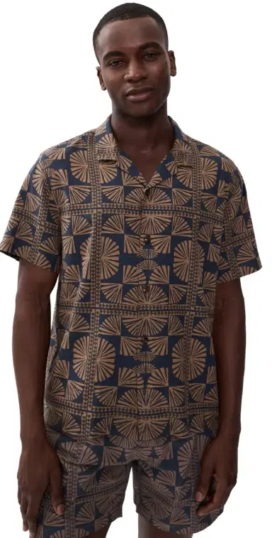 Marine Layer Linen Blend Resort Shirt Brown/Navy Geo Fan Print | Thumbnail 1 Marine Layer Linen Blend Resort Shirt Brown/Navy Geo Fan Print | Thumbnail 1