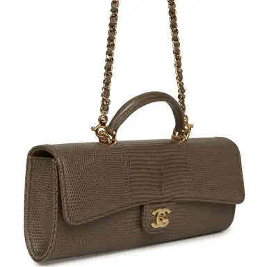 Chanel Chanel Long Top Handle Clutch with Chain Dark Khaki Lizard Embossed Calfskin Gold Hardware | Thumbnail 2 Chanel Chanel Long Top Handle Clutch with Chain Dark Khaki Lizard Embossed Calfskin Gold Hardware | Thumbnail 2