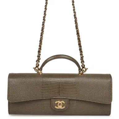 Chanel Chanel Long Top Handle Clutch with Chain Dark Khaki Lizard Embossed Calfskin Gold Hardware | Thumbnail 1 Chanel Chanel Long Top Handle Clutch with Chain Dark Khaki Lizard Embossed Calfskin Gold Hardware | Thumbnail 1