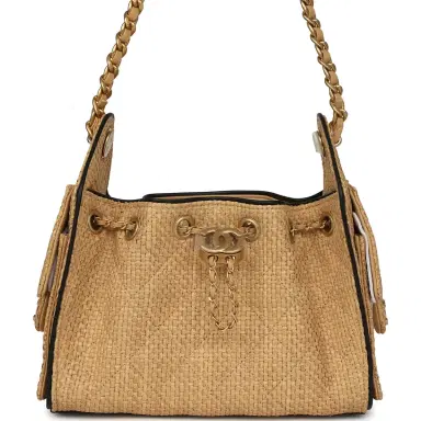Chanel Chanel Mini 25 Hobo Bag Beige Raffia and Black Calfskin Antique Gold Hardware | Thumbnail 1 Chanel Chanel Mini 25 Hobo Bag Beige Raffia and Black Calfskin Antique Gold Hardware | Thumbnail 1