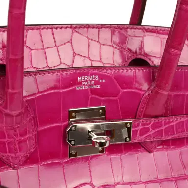 HERMÈS Pre-owned Hermes Birkin 30 Rose Scheherazade Shiny Niloticus Crocodile Palladium Hardware | Thumbnail 7 HERMÈS Pre-owned Hermes Birkin 30 Rose Scheherazade Shiny Niloticus Crocodile Palladium Hardware | Thumbnail 7
