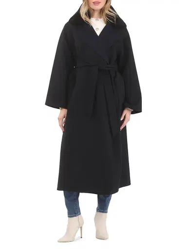 Gorski Women's Reversible Loro Piana Wool Coat with Detachable Select Shearling Lamb Collar, Belt - Black Multi - Size Medium | Thumbnail 2 Gorski Women's Reversible Loro Piana Wool Coat with Detachable Select Shearling Lamb Collar, Belt - Black Multi - Size Medium | Thumbnail 2