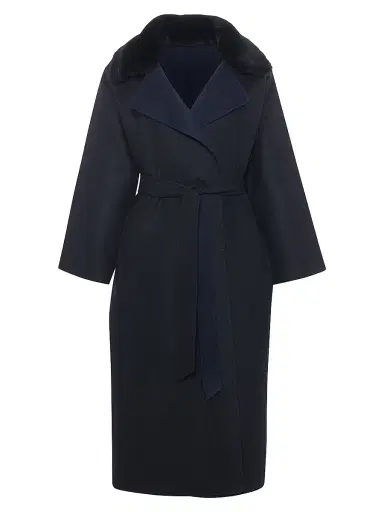 Gorski Women's Reversible Loro Piana Wool Coat with Detachable Select Shearling Lamb Collar, Belt - Black Multi - Size Medium | Thumbnail 1 Gorski Women's Reversible Loro Piana Wool Coat with Detachable Select Shearling Lamb Collar, Belt - Black Multi - Size Medium | Thumbnail 1
