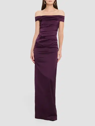 Teri Jon by Rickie Freeman Women's Ruched Satin Off-the-Shoulder Gown | Thumbnail 4 Teri Jon by Rickie Freeman Women's Ruched Satin Off-the-Shoulder Gown | Thumbnail 4
