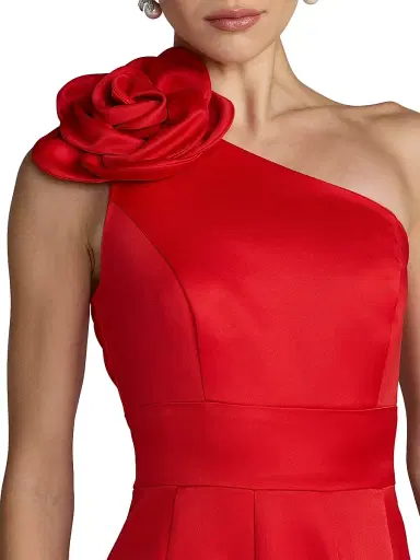 Mac Duggal Women's 3D Flower Satin Godet-Skirt Midi Dress | Thumbnail 3 Mac Duggal Women's 3D Flower Satin Godet-Skirt Midi Dress | Thumbnail 3