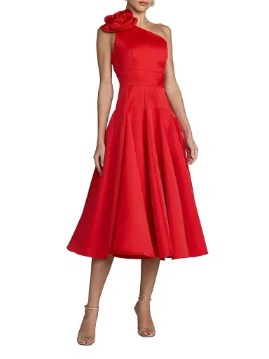 Mac Duggal Women's 3D Flower Satin Godet-Skirt Midi Dress | Thumbnail 1 Mac Duggal Women's 3D Flower Satin Godet-Skirt Midi Dress | Thumbnail 1