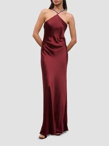 Staud Women's Cadence Embellished-Strap Satin Halter Gown - Pinot | Thumbnail 2 Staud Women's Cadence Embellished-Strap Satin Halter Gown - Pinot | Thumbnail 2