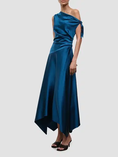 Staud Women's Portia Silk Asymmetric Midi Dress - Harbor - Size 12 | Thumbnail 3 Staud Women's Portia Silk Asymmetric Midi Dress - Harbor - Size 12 | Thumbnail 3