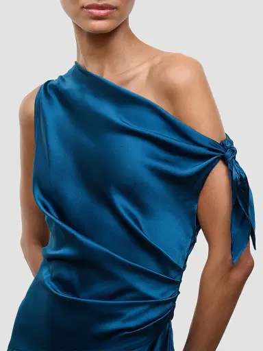 Staud Women's Portia Silk Asymmetric Midi Dress - Harbor - Size 12 | Thumbnail 5 Staud Women's Portia Silk Asymmetric Midi Dress - Harbor - Size 12 | Thumbnail 5