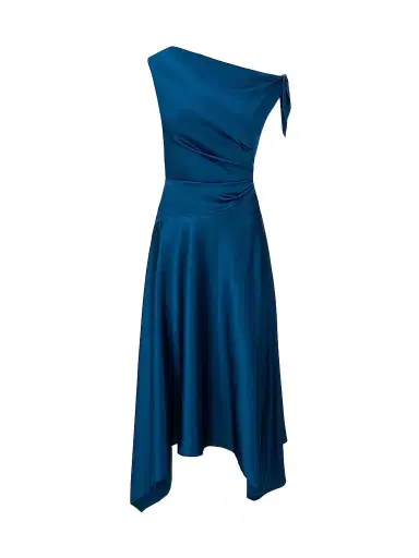 Staud Women's Portia Silk Asymmetric Midi Dress - Harbor - Size 12 | Thumbnail 1 Staud Women's Portia Silk Asymmetric Midi Dress - Harbor - Size 12 | Thumbnail 1
