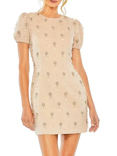 Mac Duggal Women's Jewel Embellished Puff-Sleeve Mini-Dress - Porcelain - Size 14 | Thumbnail 1 Mac Duggal Women's Jewel Embellished Puff-Sleeve Mini-Dress - Porcelain - Size 14 | Thumbnail 1