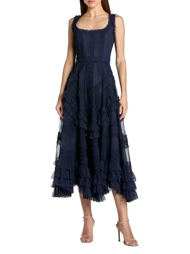 Mac Duggal Women's Mesh Ruffled Scoopneck Midi-Dress | Thumbnail 1 Mac Duggal Women's Mesh Ruffled Scoopneck Midi-Dress | Thumbnail 1