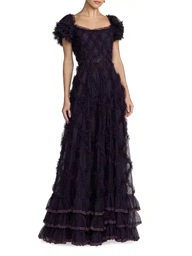 Mac Duggal Women's Ruffled Mesh Short-Sleeve Gown | Thumbnail 1 Mac Duggal Women's Ruffled Mesh Short-Sleeve Gown | Thumbnail 1