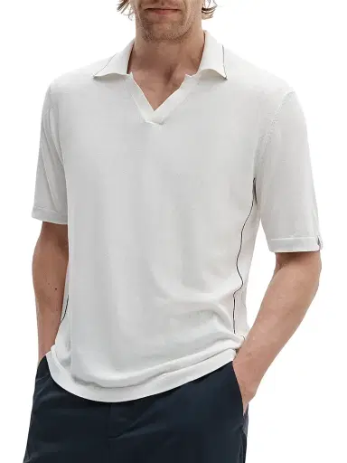 rag & bone Men's Conrad Silk-Cotton Johnny Collar Polo Shirt - Chalk | Thumbnail 1 rag & bone Men's Conrad Silk-Cotton Johnny Collar Polo Shirt - Chalk | Thumbnail 1