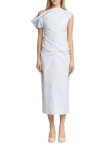 Malo Women's Pinstriped Cotton Off-The-Shoulder Midi-Dress - Candido Fog Blue | Thumbnail 3 Malo Women's Pinstriped Cotton Off-The-Shoulder Midi-Dress - Candido Fog Blue | Thumbnail 3