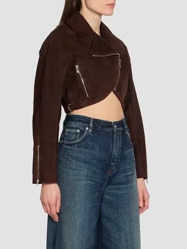 ALAIA Women's Suede Crop Biker Jacket - Chocolate | Thumbnail 4 ALAIA Women's Suede Crop Biker Jacket - Chocolate | Thumbnail 4