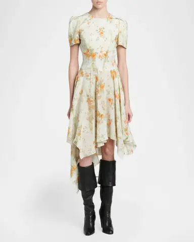 Alexander McQueen Puff-Sleeve Asymmetric-Hem Silk Midi Dress | Thumbnail 2 Alexander McQueen Puff-Sleeve Asymmetric-Hem Silk Midi Dress | Thumbnail 2