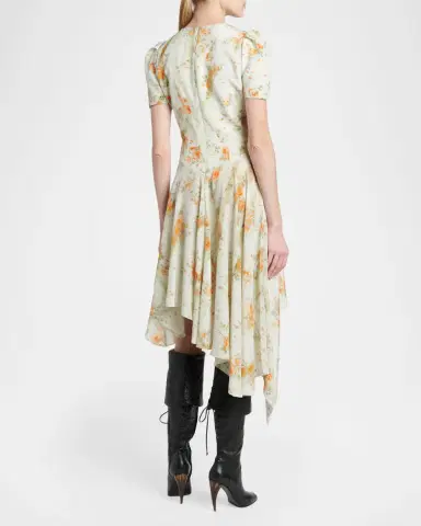 Alexander McQueen Puff-Sleeve Asymmetric-Hem Silk Midi Dress | Thumbnail 3 Alexander McQueen Puff-Sleeve Asymmetric-Hem Silk Midi Dress | Thumbnail 3
