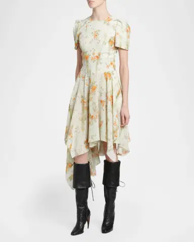 Alexander McQueen Puff-Sleeve Asymmetric-Hem Silk Midi Dress | Thumbnail 4 Alexander McQueen Puff-Sleeve Asymmetric-Hem Silk Midi Dress | Thumbnail 4
