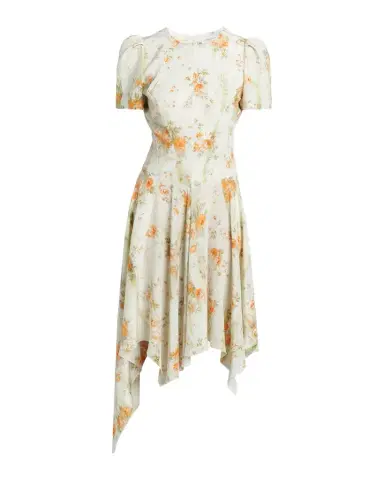 Alexander McQueen Puff-Sleeve Asymmetric-Hem Silk Midi Dress | Thumbnail 1 Alexander McQueen Puff-Sleeve Asymmetric-Hem Silk Midi Dress | Thumbnail 1